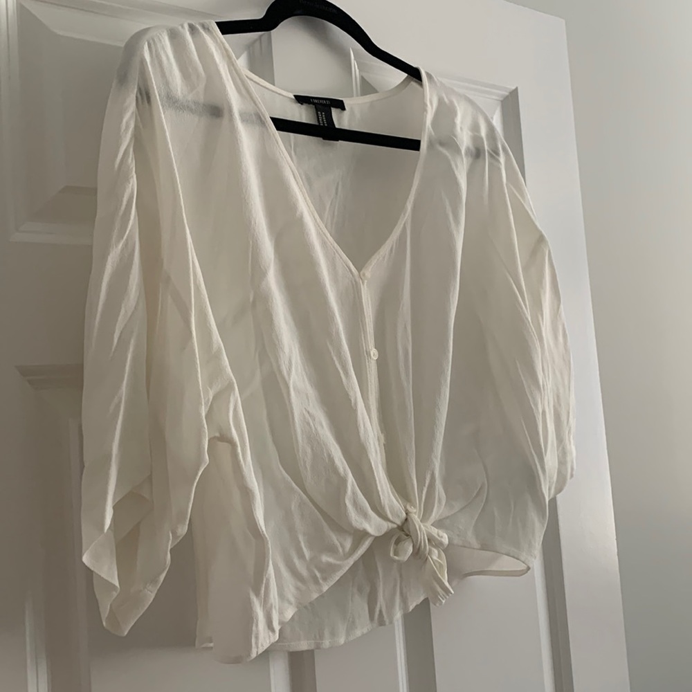 White v-neck button down top